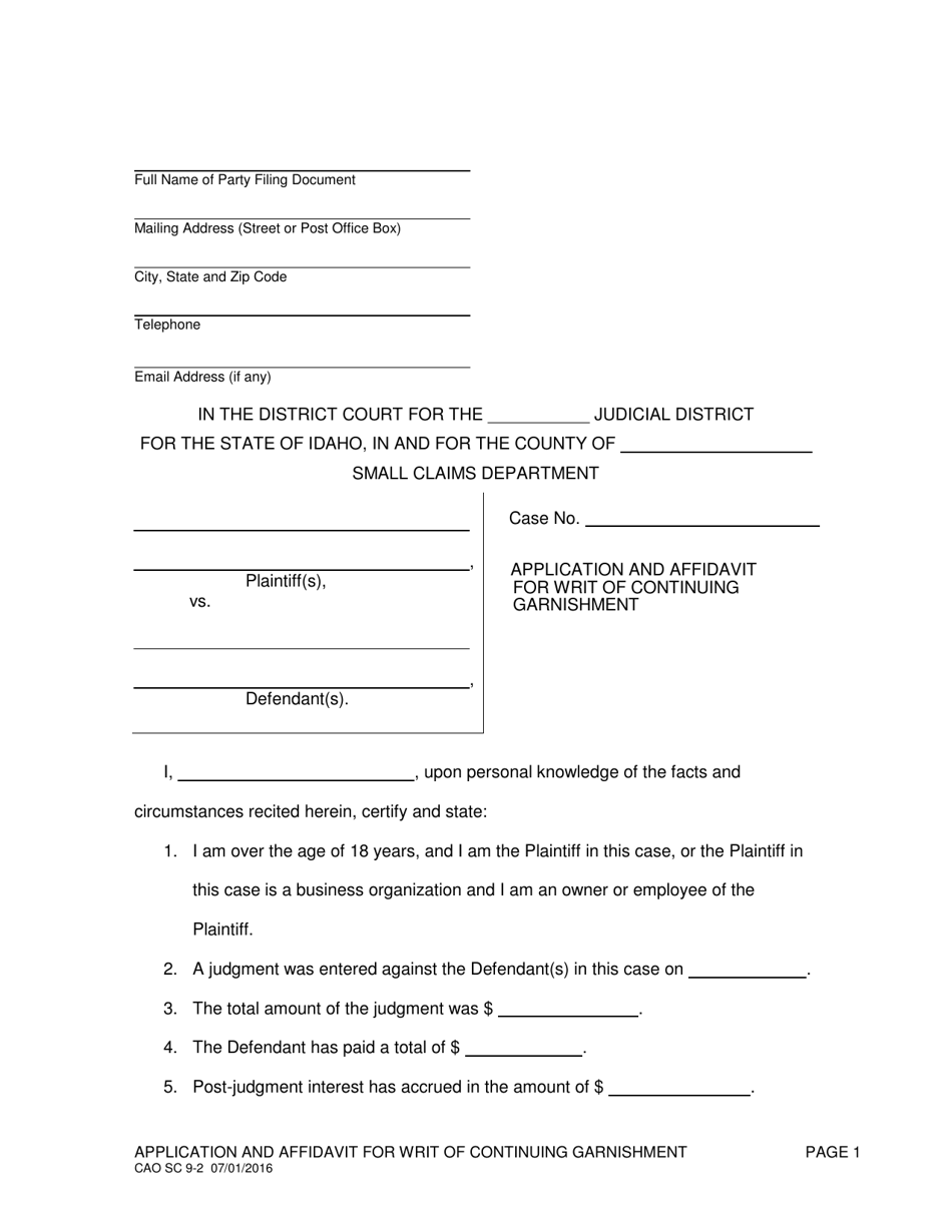 Form CAO SC9-2 Application and Affidavit for Writ of Continuing Garnishment - Idaho, Page 1
