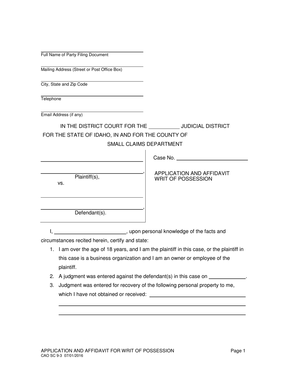 Form CAO SC9-3 Application and Affidavit for Writ of Possession - Idaho, Page 1