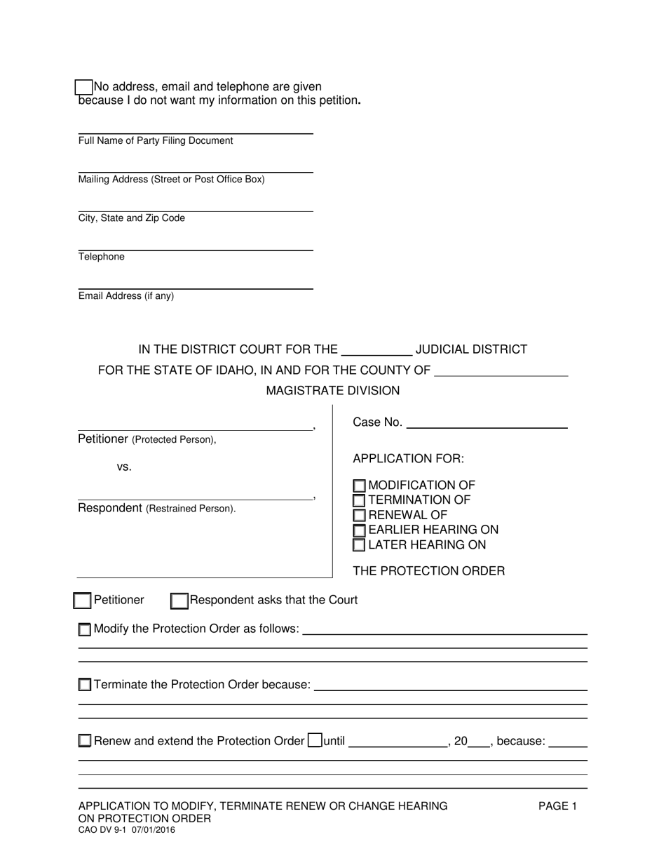 Form CAO DV9-1 Application to Modify, Terminate, Renew or Change Hearing on Protection Order - Idaho, Page 1
