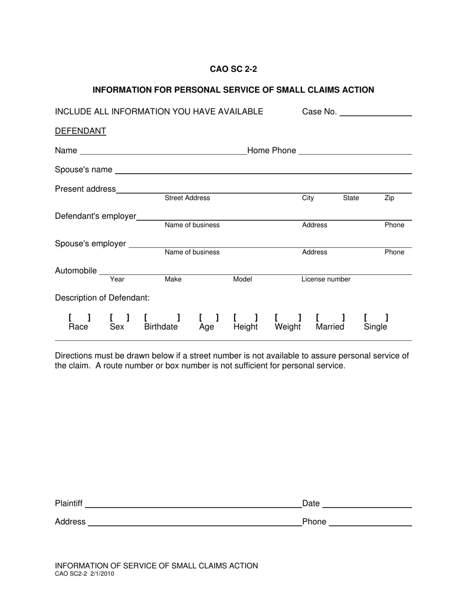 Form CAO SC2-2 Information for Personal Service of Small Claims Action - Idaho, Page 1