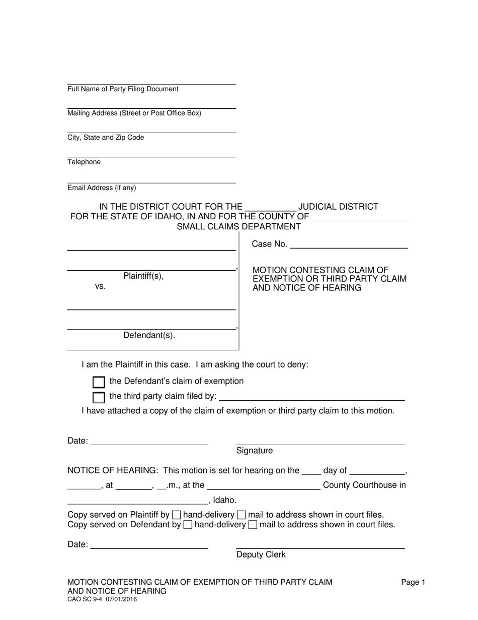 Form CAO SC9-4 - Fill Out, Sign Online and Download Fillable PDF, Idaho ...