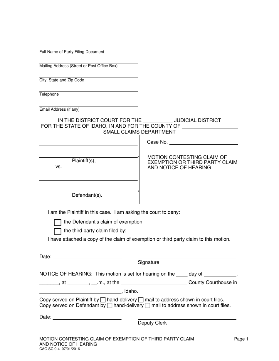 Form CAO SC9-4 Motion Contesting Claim of Exemption or Third Party Claim and Notice of Hearing - Idaho, Page 1