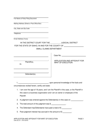 Document preview: Form CAO SC9-1 Application and Affidavit for Writ of Execution - Idaho