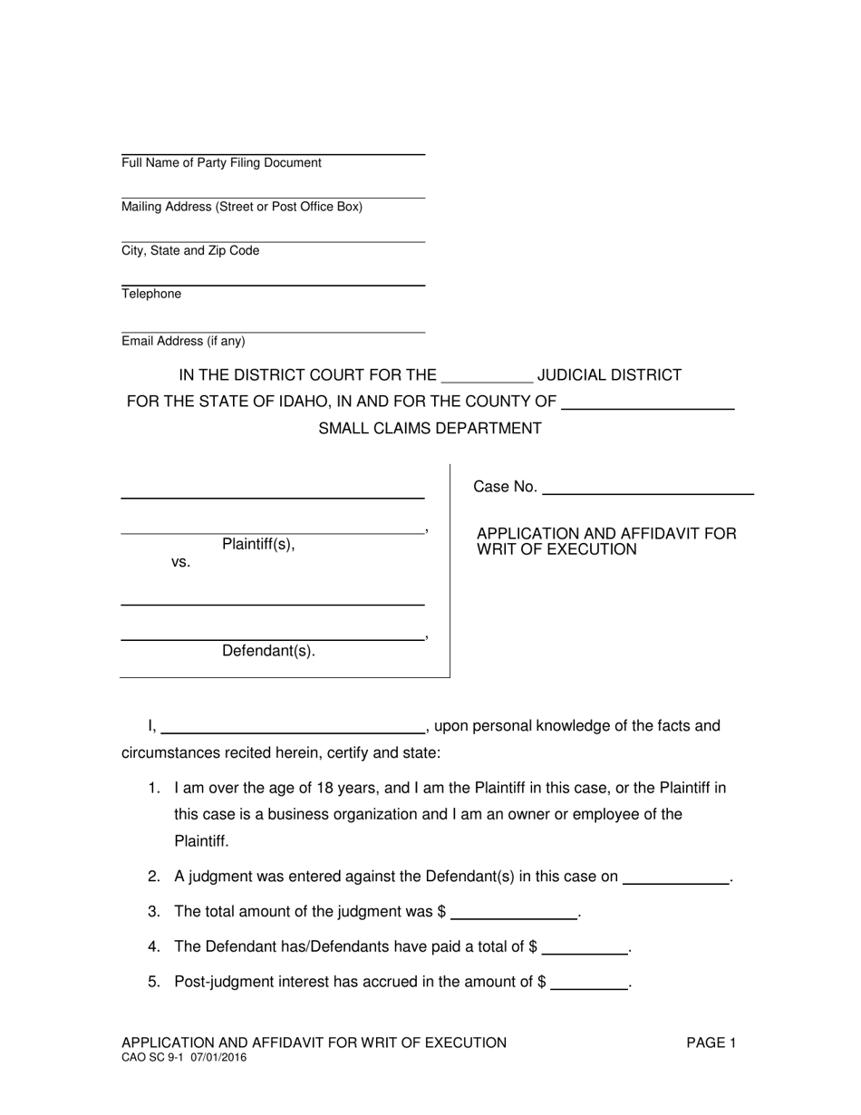 Form CAO SC9-1 Application and Affidavit for Writ of Execution - Idaho, Page 1