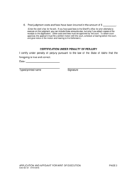 Form CAO SC9-1 &quot;Application and Affidavit for Writ of Execution&quot; - Idaho, Page 2