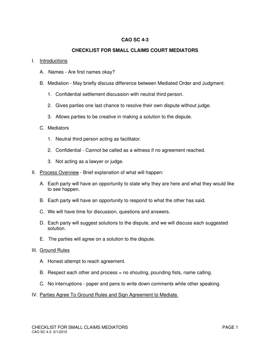 Form CAO SC4-3 Checklist for Small Claims Court Mediators - Idaho, Page 1