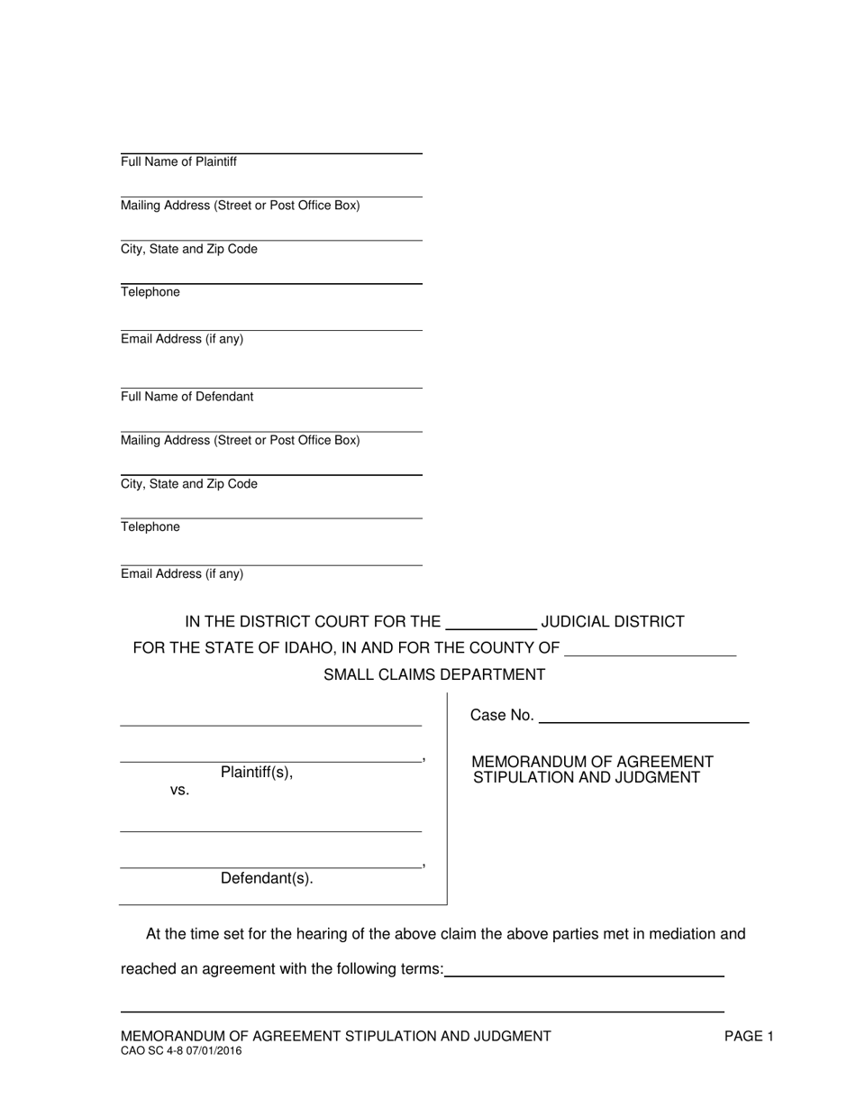 Form CAO SC4-8 Memorandum of Agreement Stipulation and Judgment - Idaho, Page 1