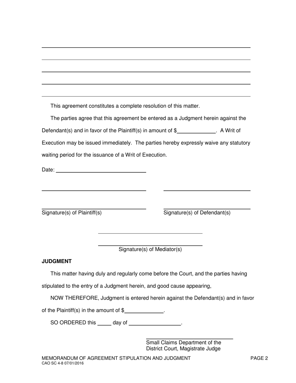 Form CAO SC4-8 Memorandum of Agreement Stipulation and Judgment - Idaho, Page 2