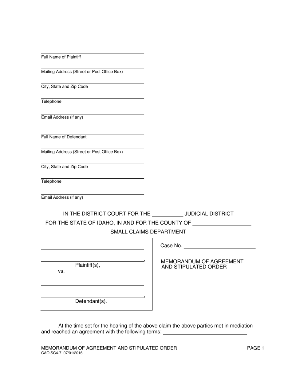 Form CAO SC4-7 Memorandum of Agreement and Stipulated Order - Idaho, Page 1