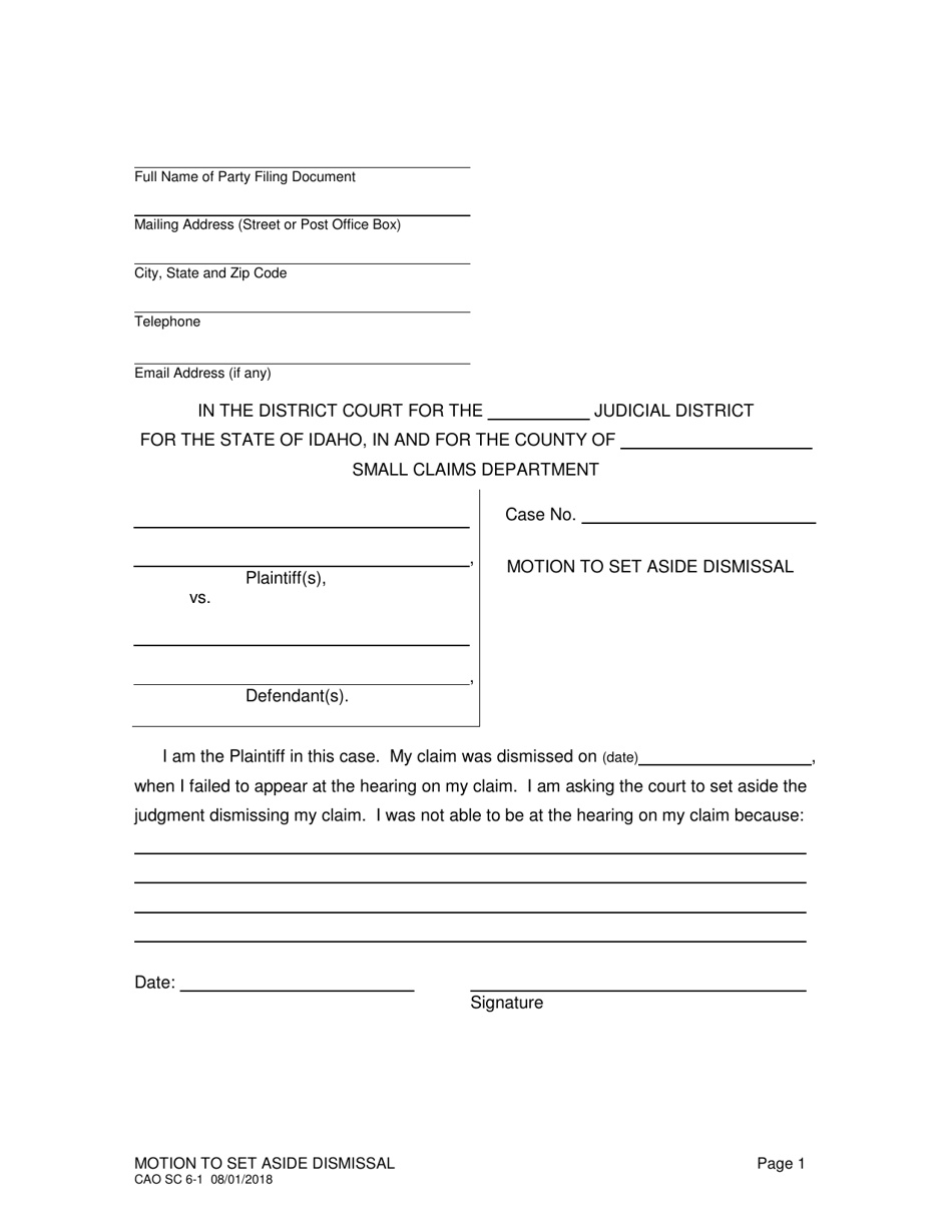 Form CAO SC6-1 Motion to Set Aside Dismissal - Idaho, Page 1