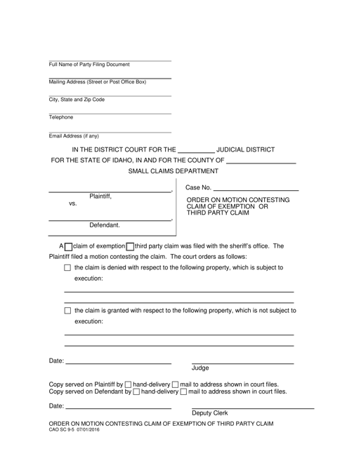 Form CAO SC9-5 Order on Motion Contesting Claim of Exemption or Third Party Claim - Idaho