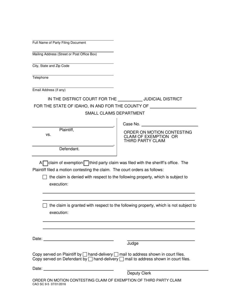 Form CAO SC9-5 Order on Motion Contesting Claim of Exemption or Third Party Claim - Idaho, Page 1