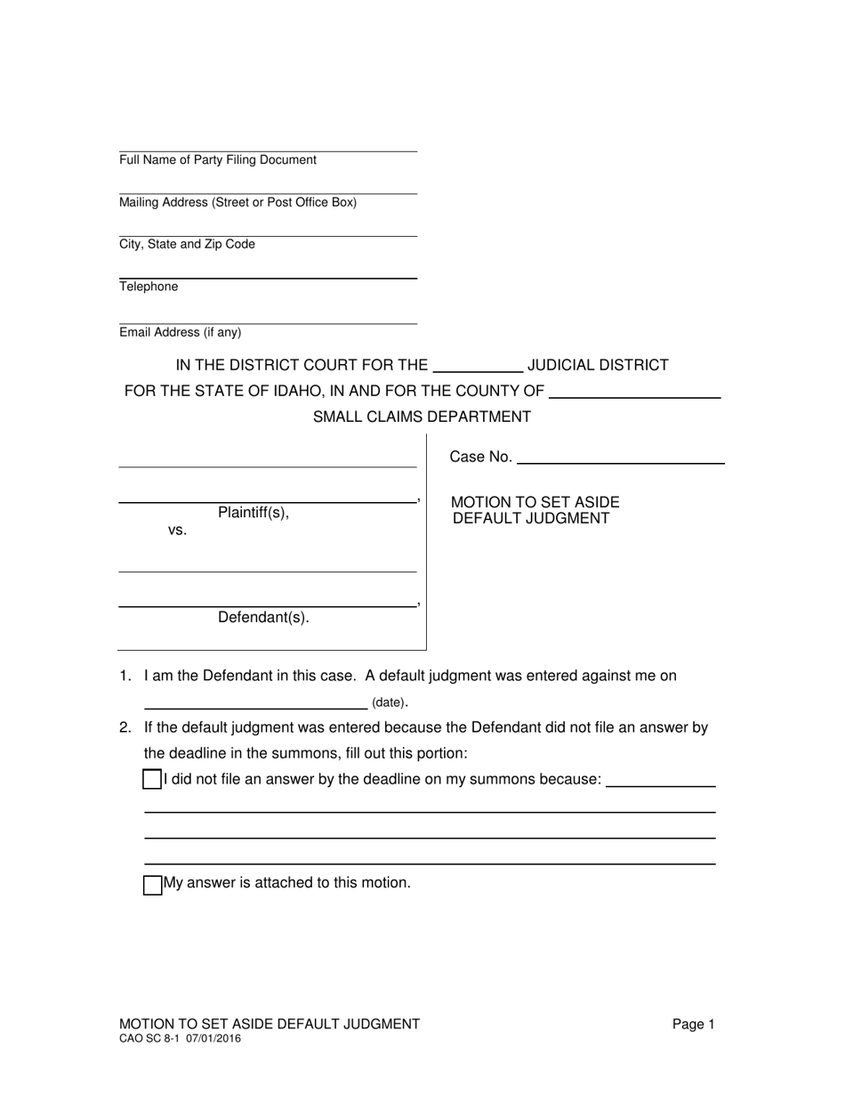 Form CAO SC8-1 Motion to Set Aside Default Judgment - Idaho, Page 1