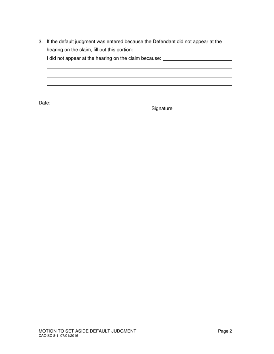 Form CAO SC8-1 Motion to Set Aside Default Judgment - Idaho, Page 2