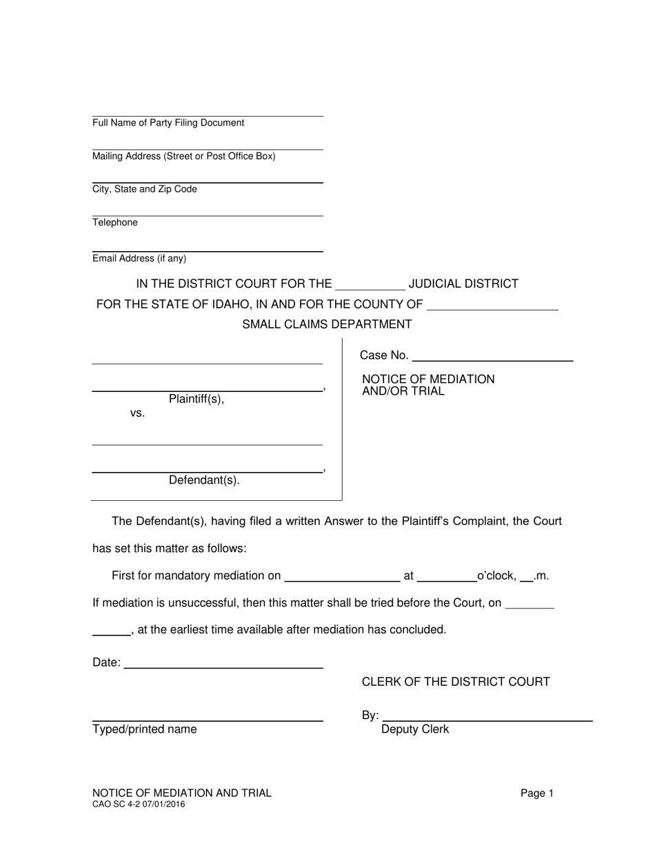 Form CAO SC4-2 Notice of Mediation and / or Trial - Idaho, Page 1