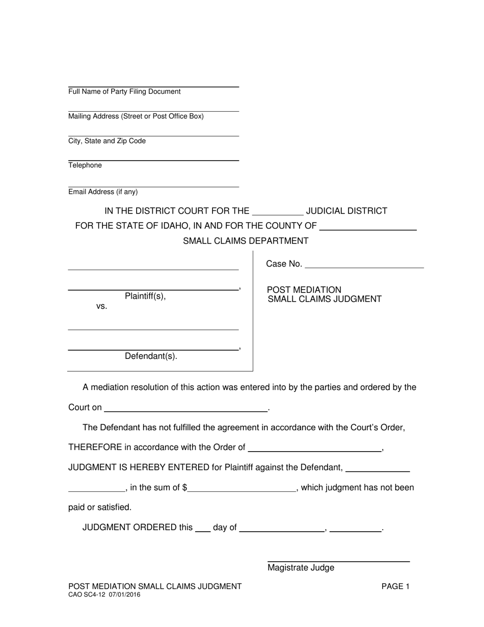 Form CAO SC4-12 Post Mediation Small Claims Judgment - Idaho, Page 1