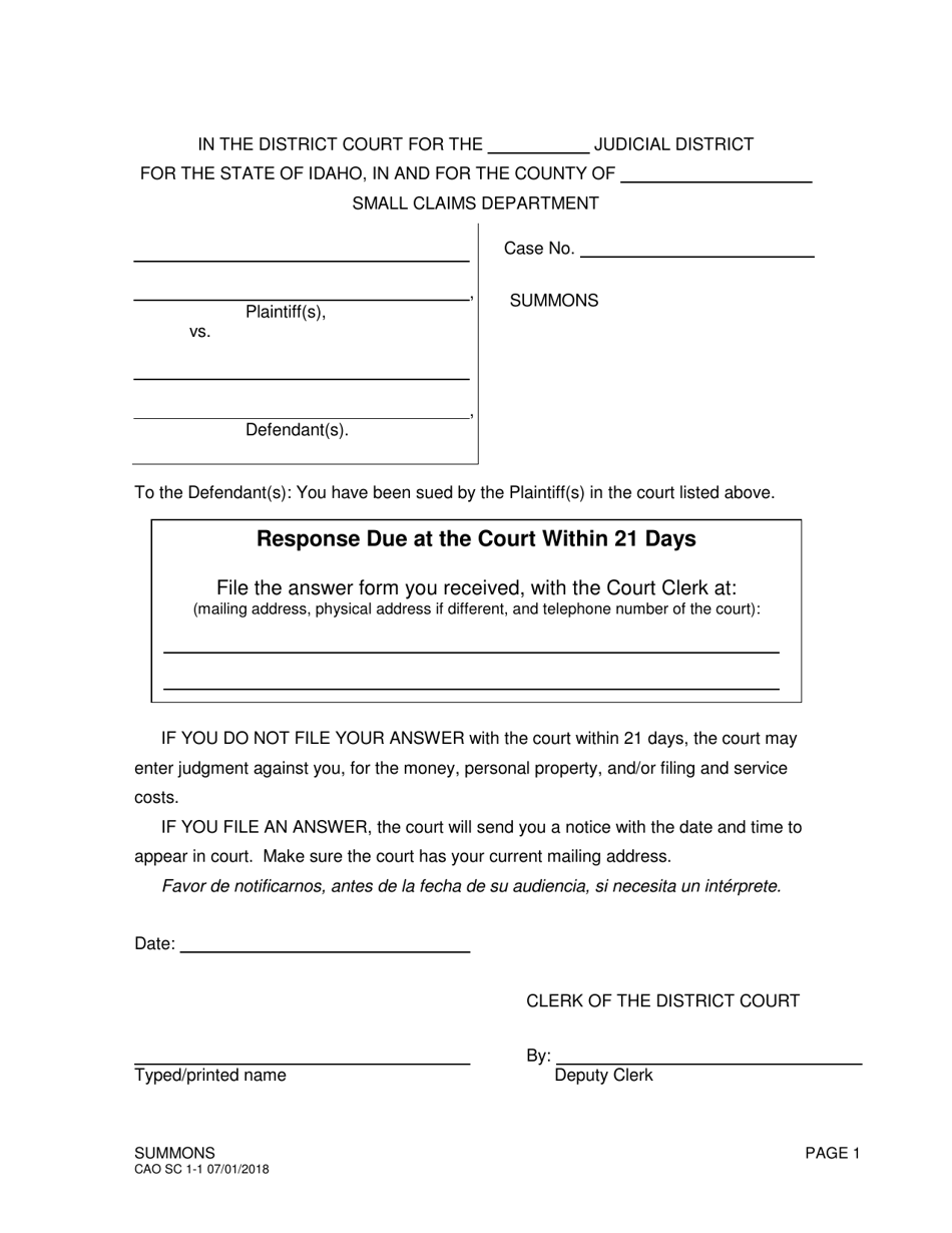 Form CAO SC1-1 Small Claims Summons - Idaho, Page 1