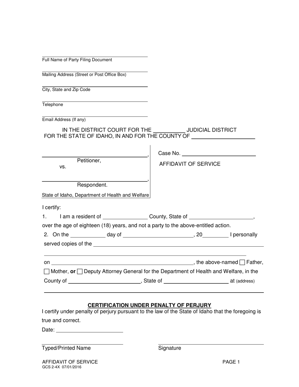 Form GCS2-4X Affidavit of Service (Hw) - Idaho, Page 1