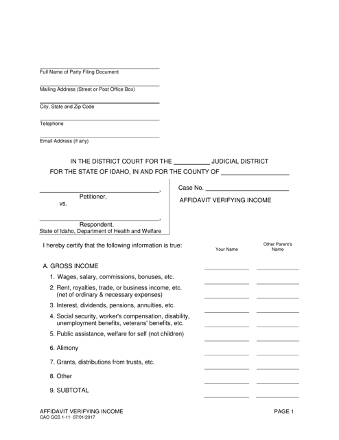 Form CAO GCS1-11 Affidavit Verifying Income - Idaho