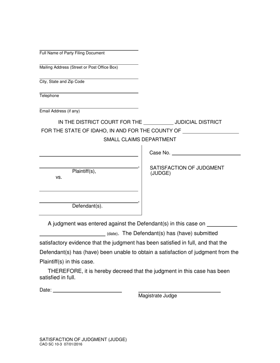 Form CAO SC10-3 Satisfaction of Judgment (Judge) - Idaho, Page 1