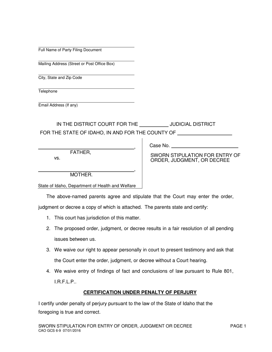 Form CAO GCS6-9 Stipulation for Entry of Order, Judgment, or Decree (Hw) - Idaho, Page 1