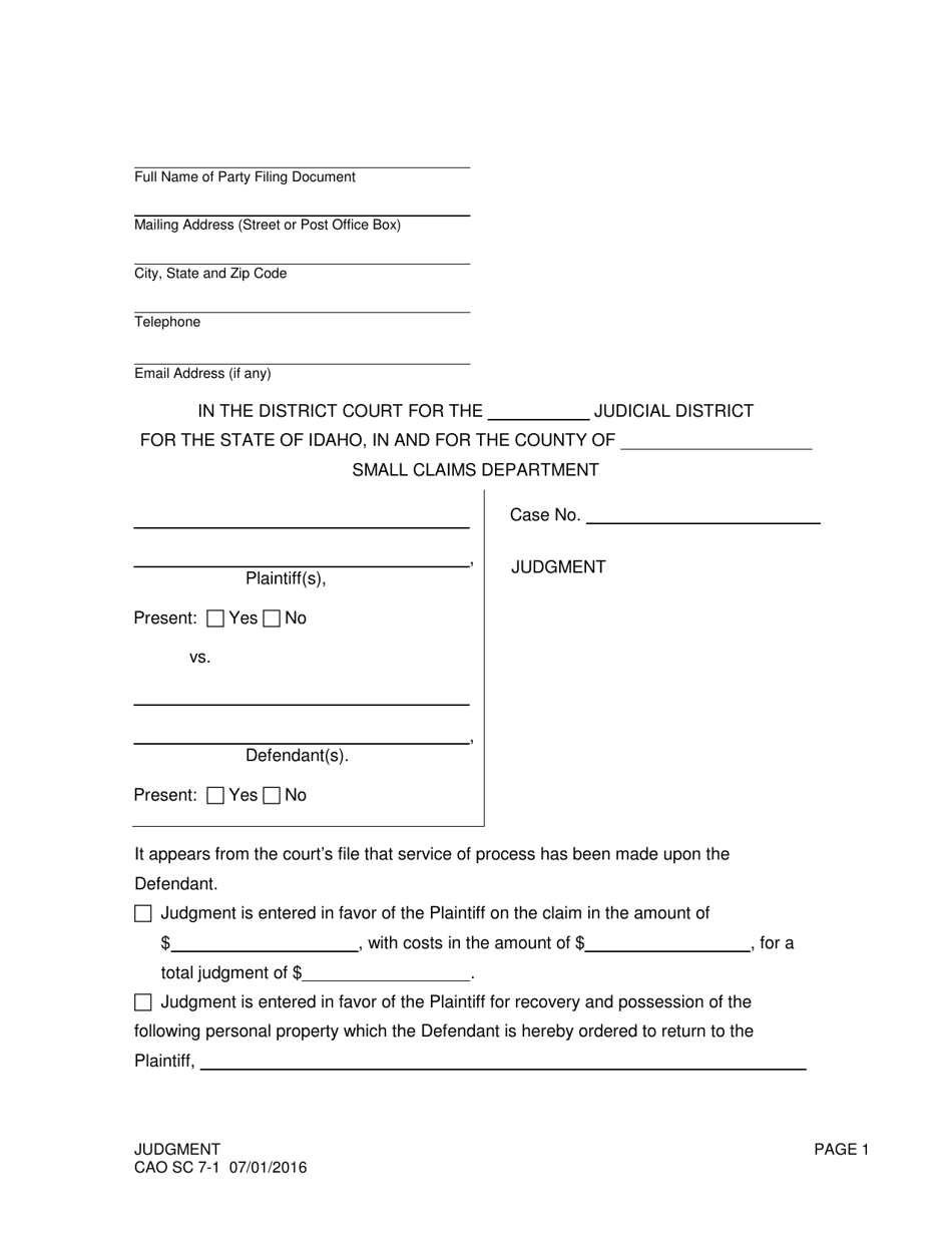 Form CAO SC7-1 Judgment (Small Claims) - Idaho, Page 1