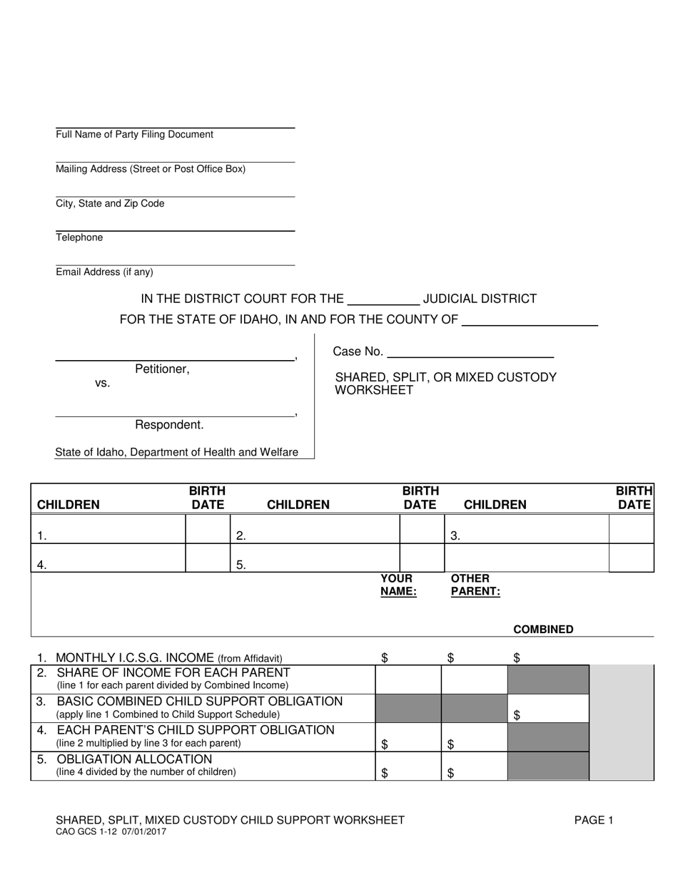 Form CAO GCS1-12 Shared, Split, or Mixed Custody Worksheet - Idaho, Page 1