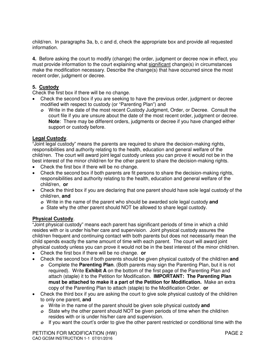 Instructions for Form CAO GCSM1-1 Petition to Modify an Order, Judgment, or Decree (Hw) - Idaho, Page 2