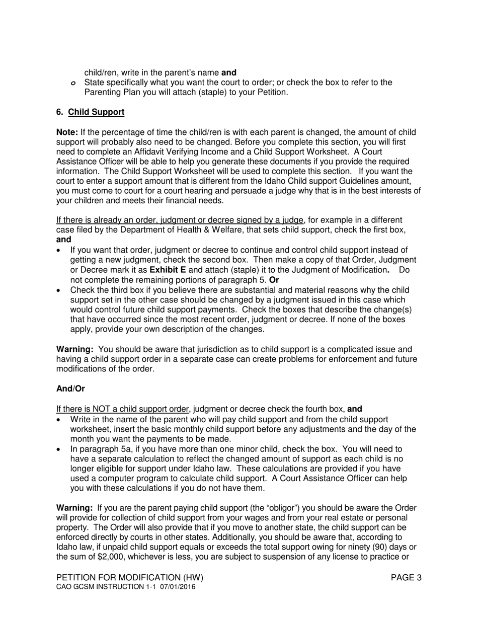 Instructions for Form CAO GCSM1-1 Petition to Modify an Order, Judgment, or Decree (Hw) - Idaho, Page 3