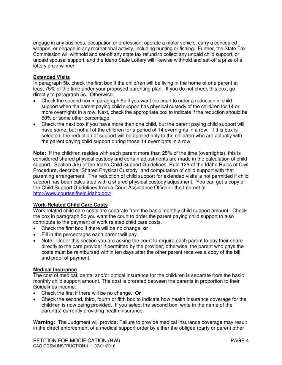 Instructions for Form CAO GCSM1-1 Petition to Modify an Order, Judgment, or Decree (Hw) - Idaho, Page 4