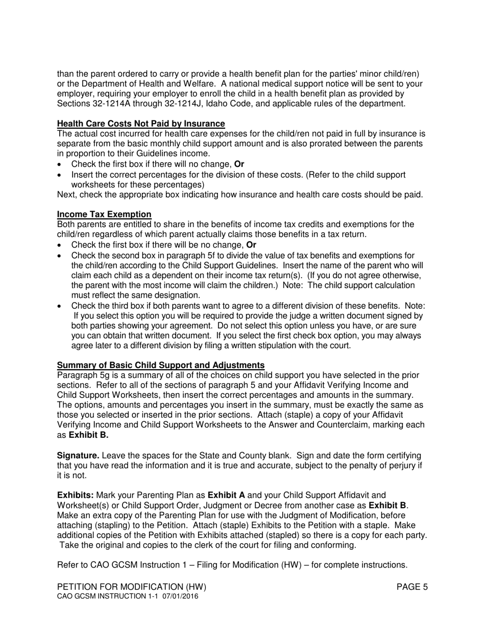 Instructions for Form CAO GCSM1-1 Petition to Modify an Order, Judgment, or Decree (Hw) - Idaho, Page 5