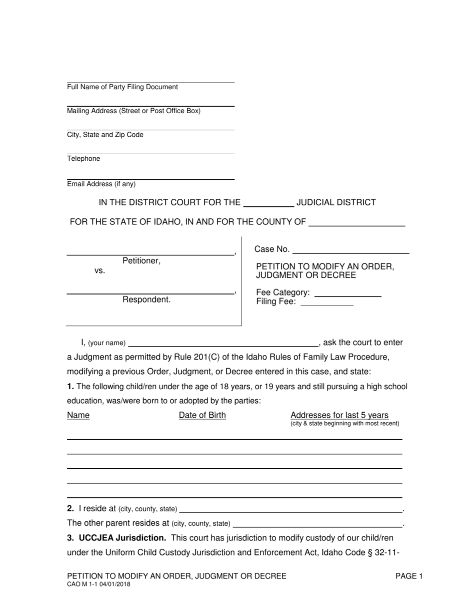 Form CAO M1-1 Petition to Modify an Order, Judgment or Decree - Idaho, Page 1