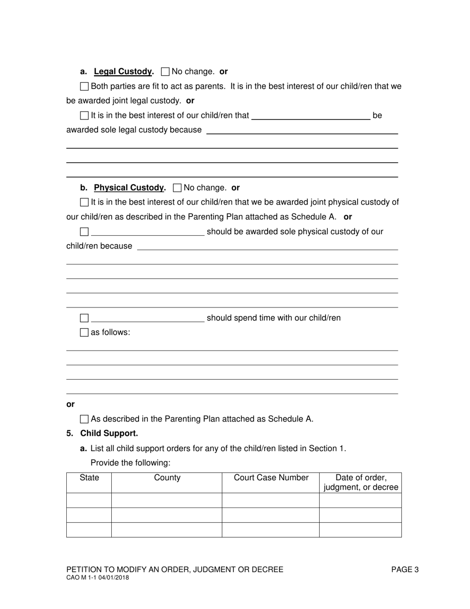 Form CAO M1-1 Petition to Modify an Order, Judgment or Decree - Idaho, Page 3