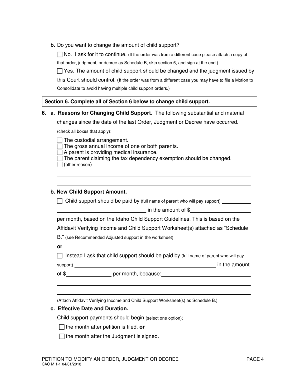 Form CAO M1-1 Petition to Modify an Order, Judgment or Decree - Idaho, Page 4