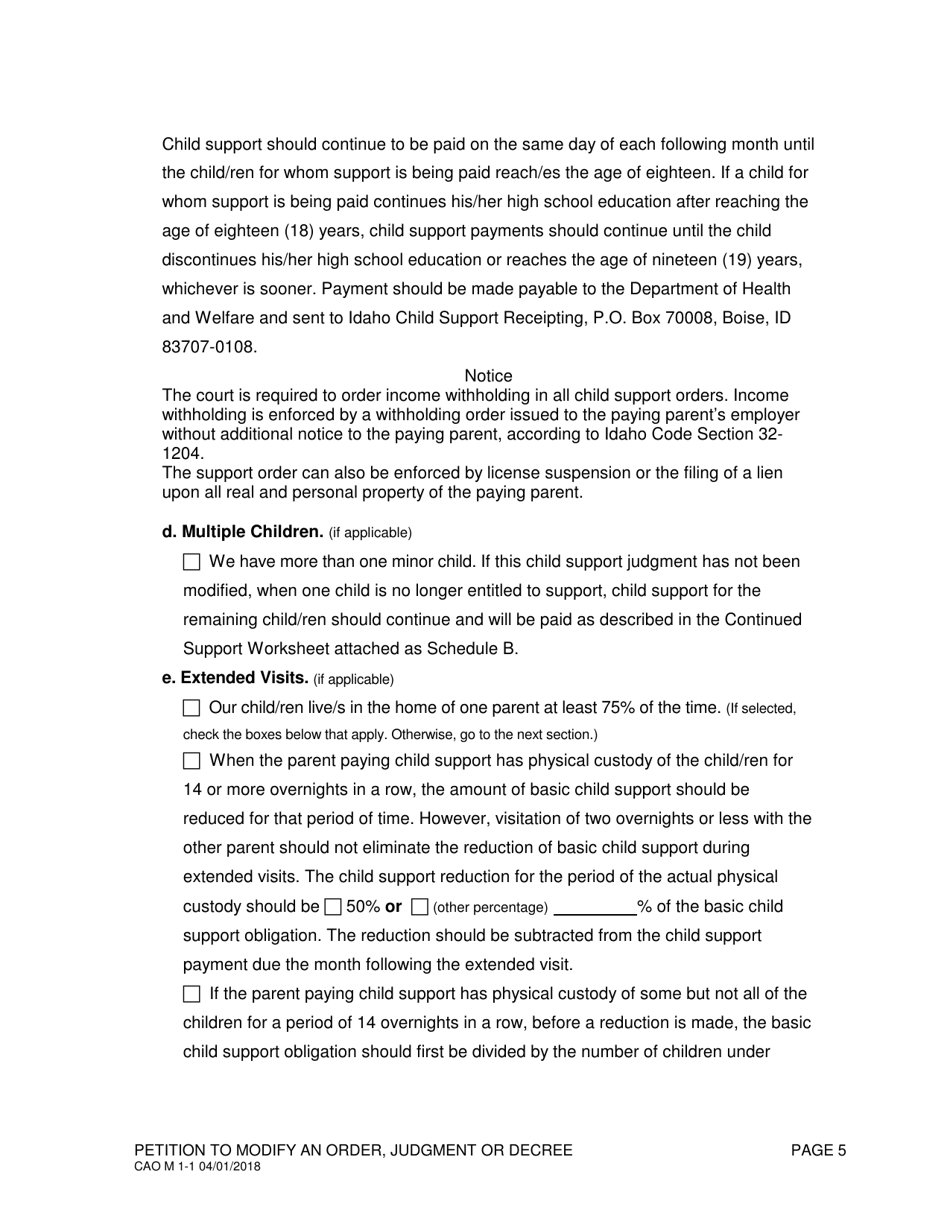 Form CAO M1-1 Petition to Modify an Order, Judgment or Decree - Idaho, Page 5
