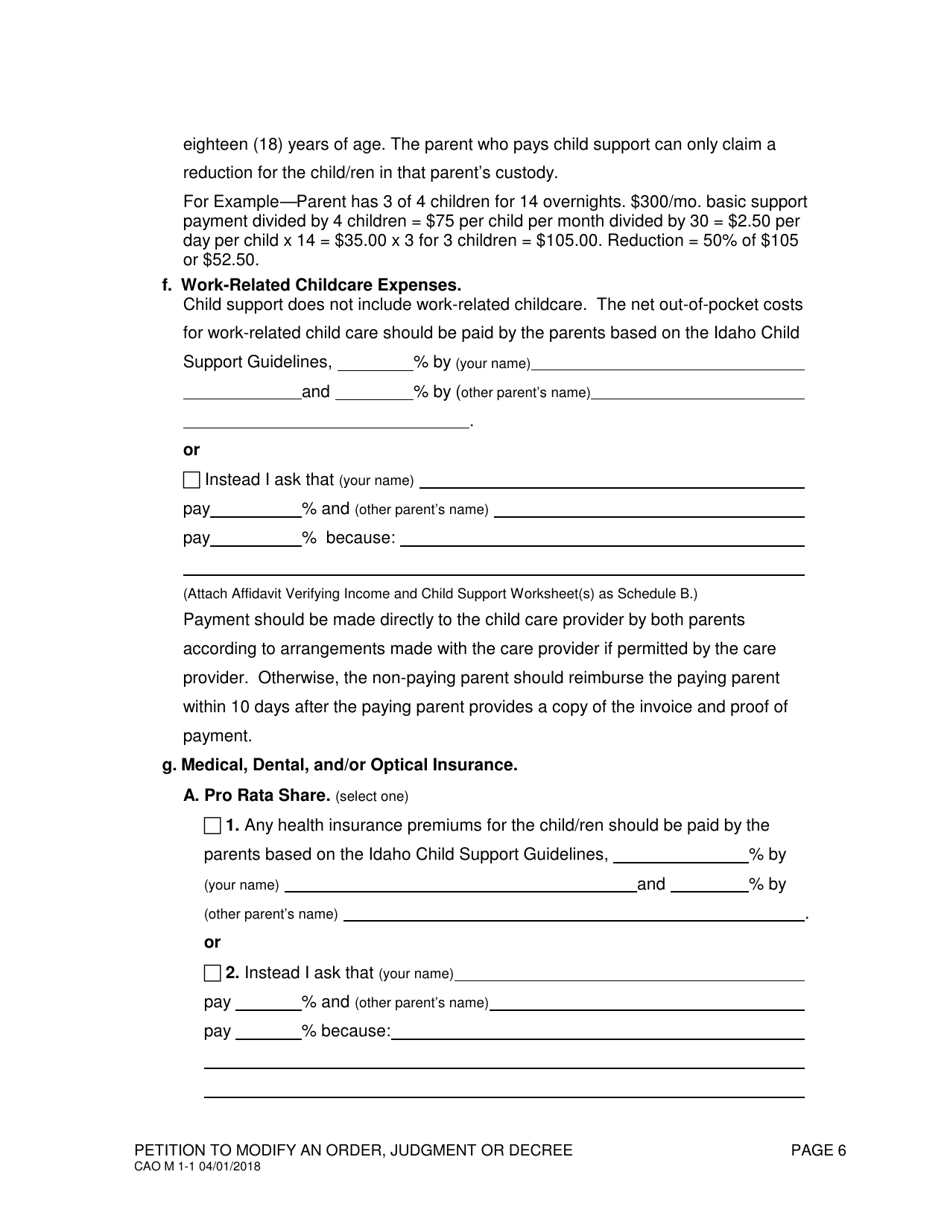 Form CAO M1-1 Petition to Modify an Order, Judgment or Decree - Idaho, Page 6