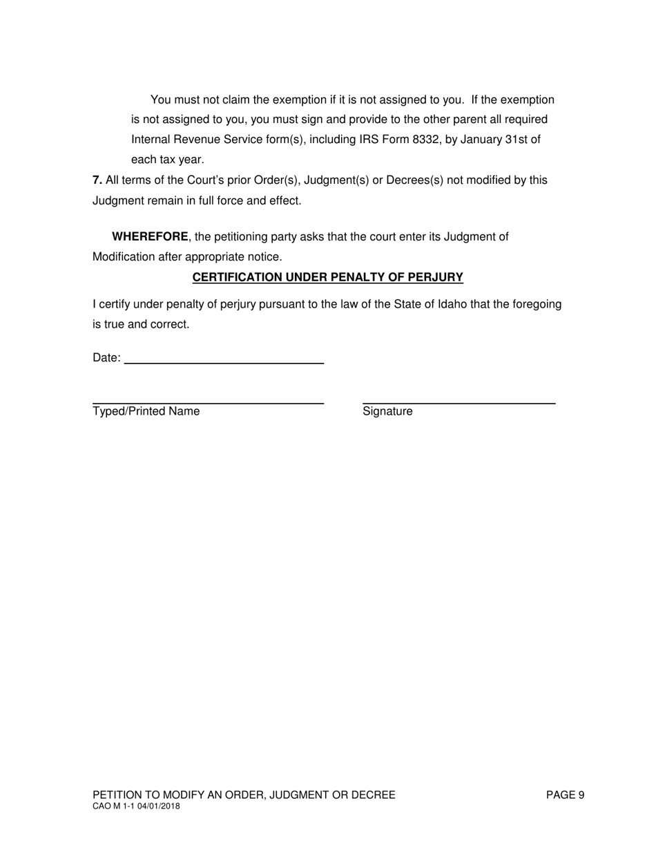 Form CAO M1-1 Petition to Modify an Order, Judgment or Decree - Idaho, Page 9
