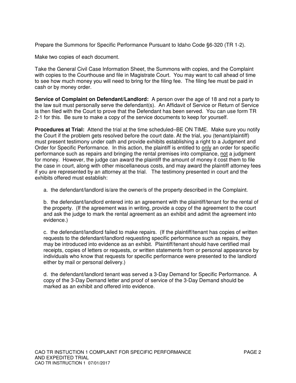 Instructions for Form CAO TR1-1 Complaint for Specific Performance and Expedited Trial - Idaho, Page 2