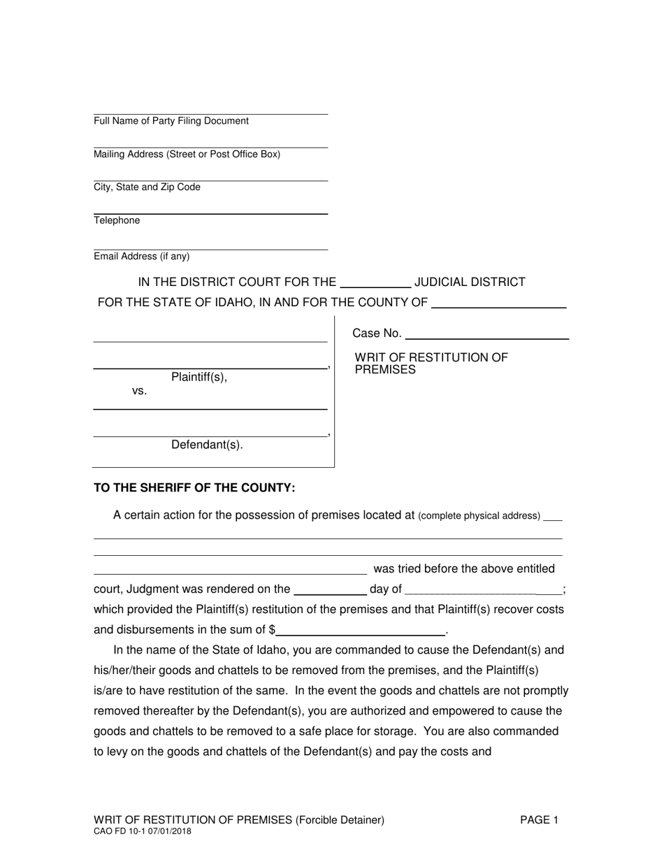 Form CAO FD10-1 Writ of Restitution of Premises - Idaho, Page 1