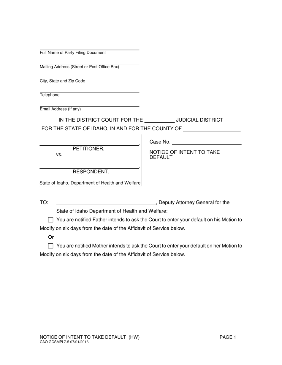 Form CAO GCSMPi7-5 Notice of Intent to Take Default - Idaho, Page 1
