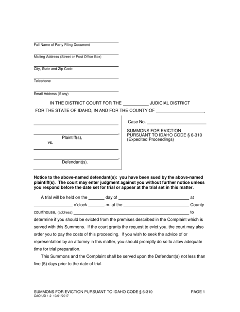 Form CAO UD1-2 Summons for Eviction Pursuant to Idaho Code 6-310 (Expedited Proceedings) - Idaho