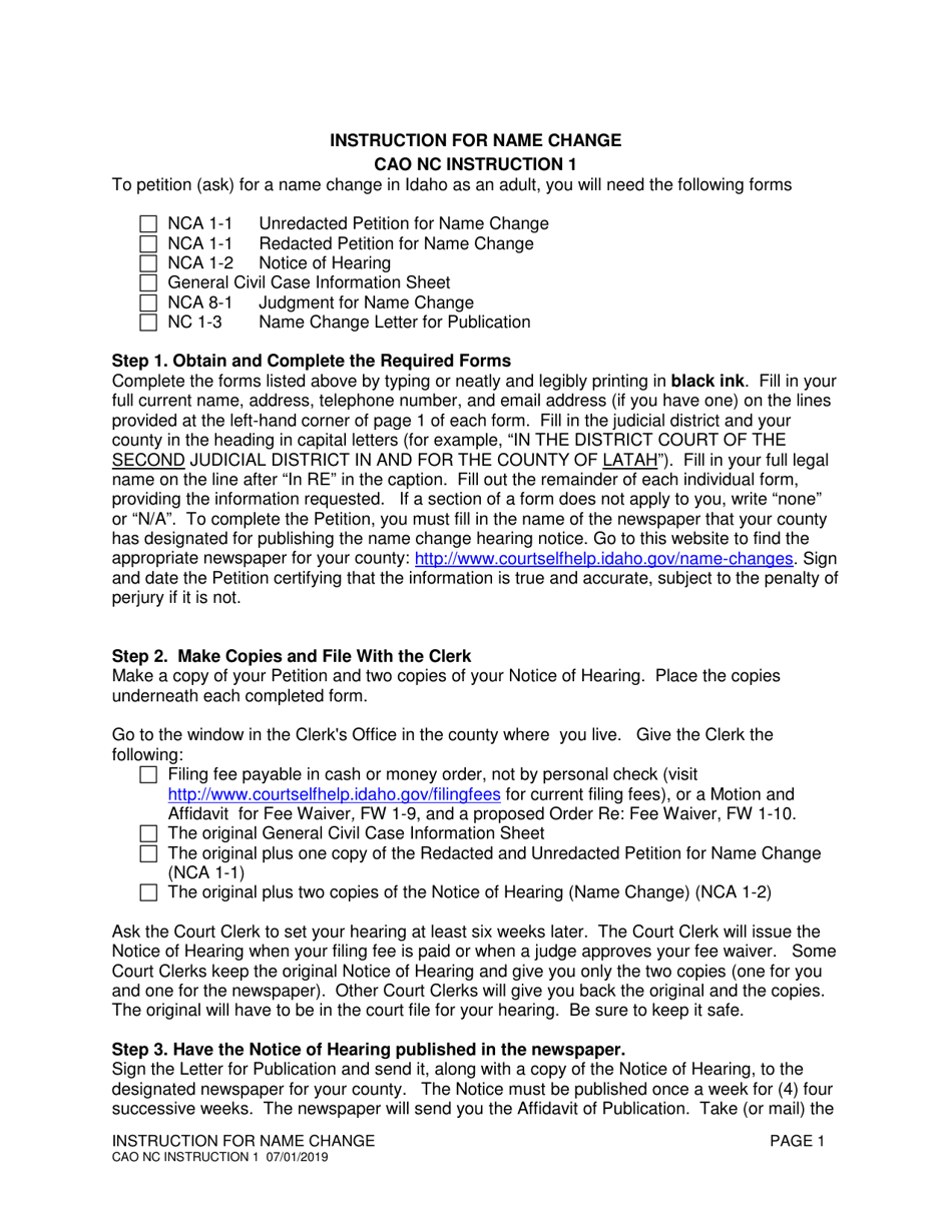 Idaho Instruction for Name Change Fill Out, Sign Online and Download