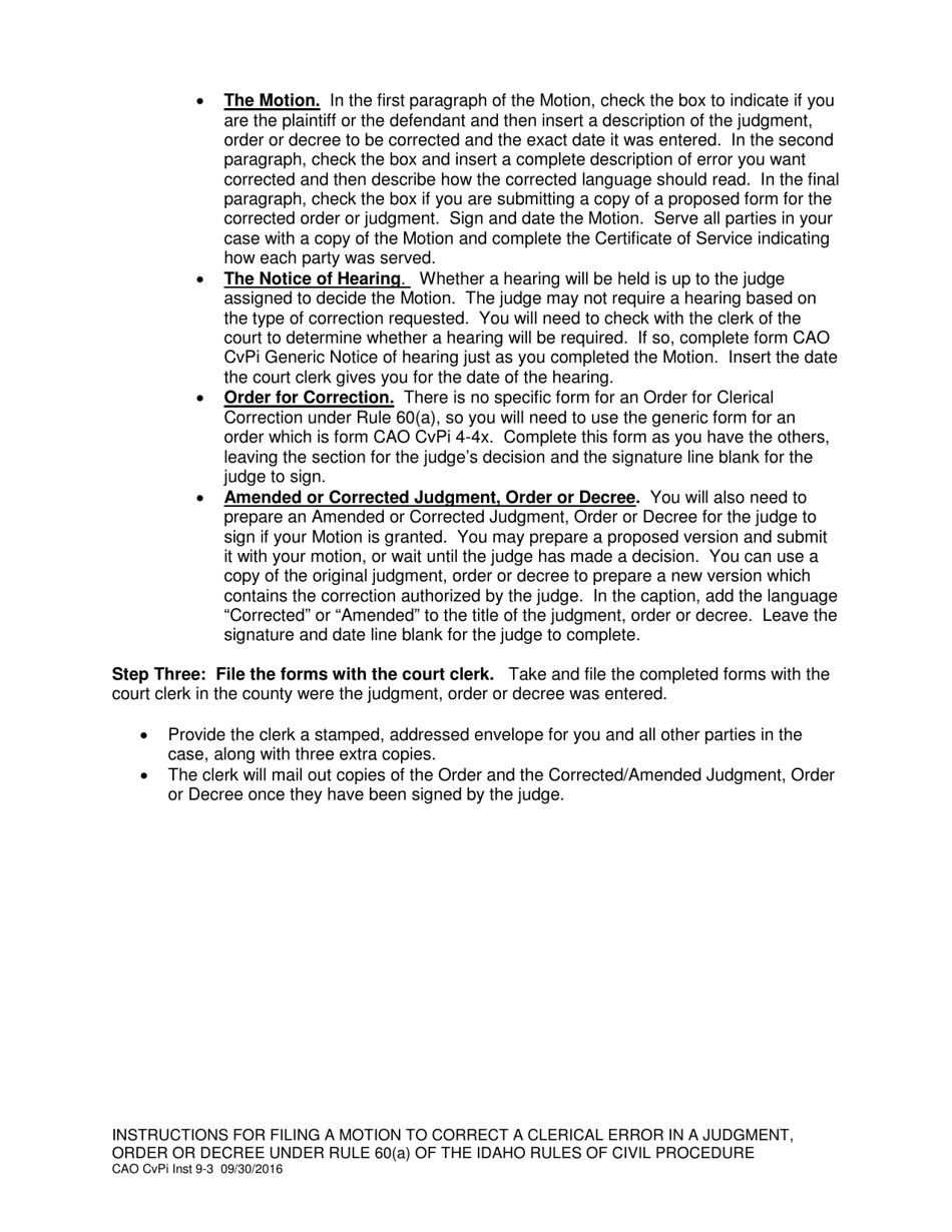 Instructions for Form CAO Cv9-3 Motion to Correct Clerical Error - Idaho, Page 2