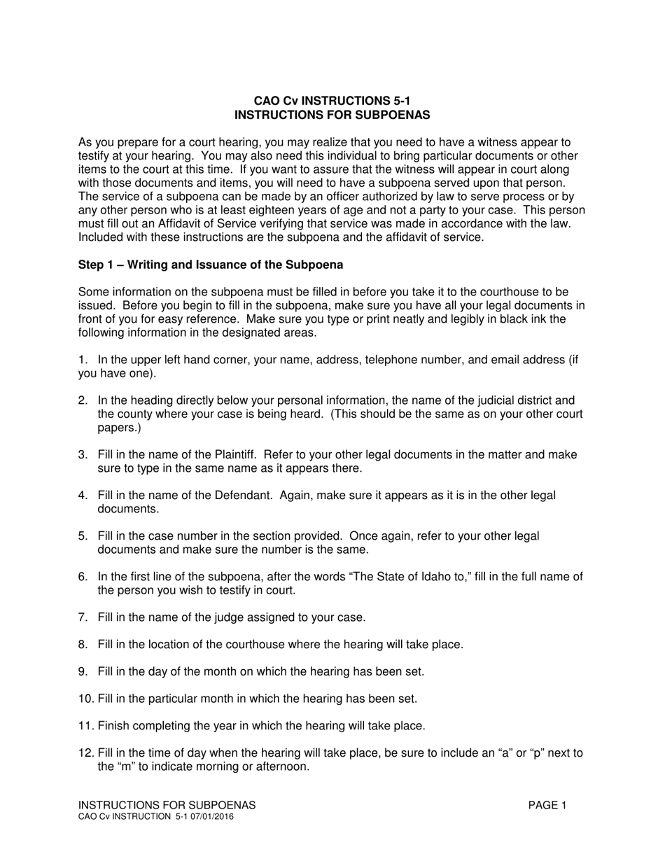 Download Instructions for Form CAO Cv5-1 Subpoena PDF | Templateroller