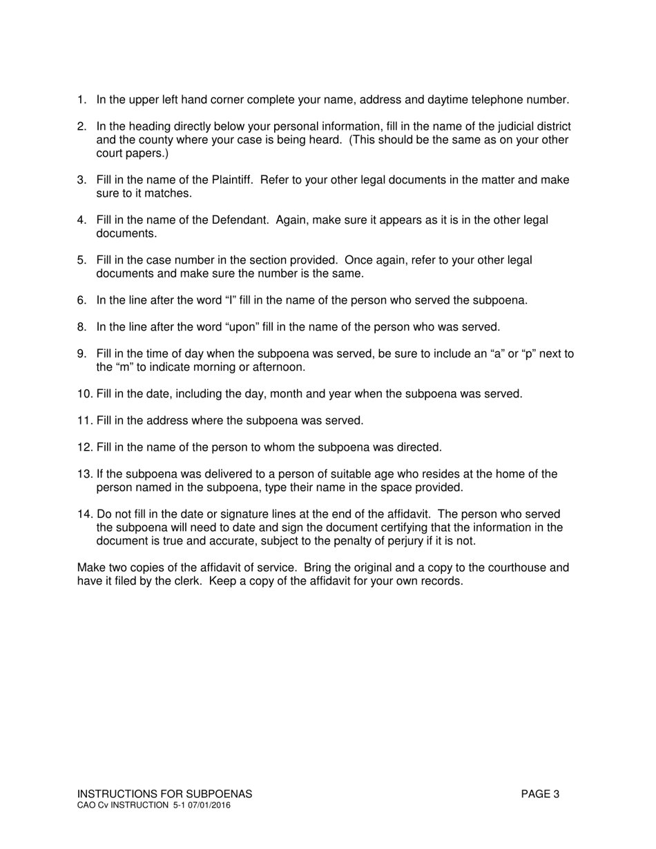 Instructions for Form CAO Cv5-1 Subpoena - Idaho, Page 3