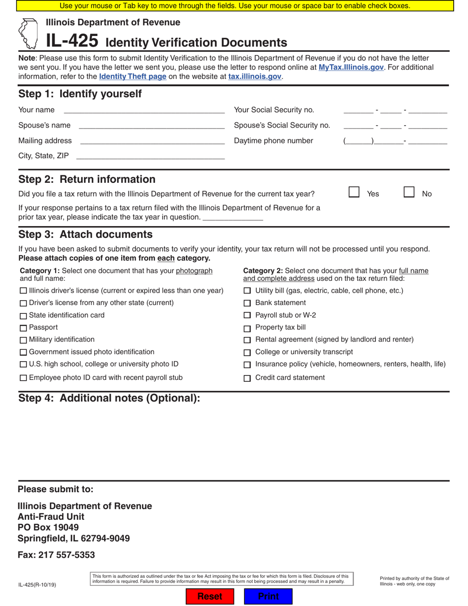Form IL-425 Identity Verification Documents - Illinois, Page 1