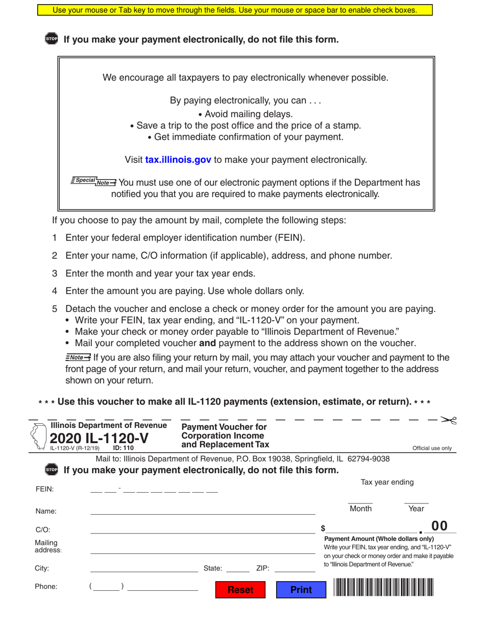 Form IL-1120-V Payment Voucher for Corporation Income and Replacement Tax - Illinois, Page 1