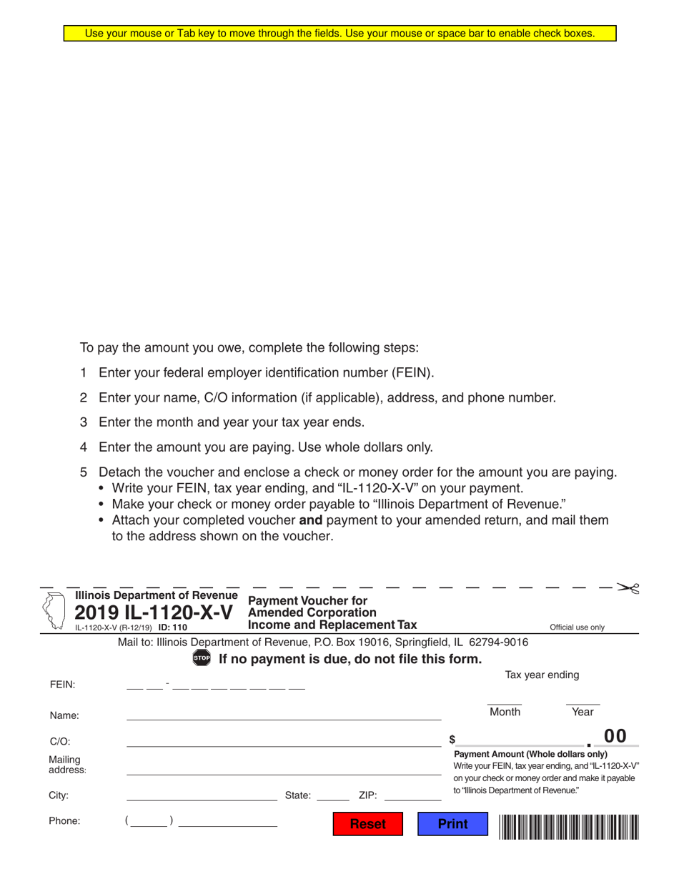Form IL-1120-X-V Payment Voucher for Amended Corporation Income and Replacement Tax - Illinois, Page 1
