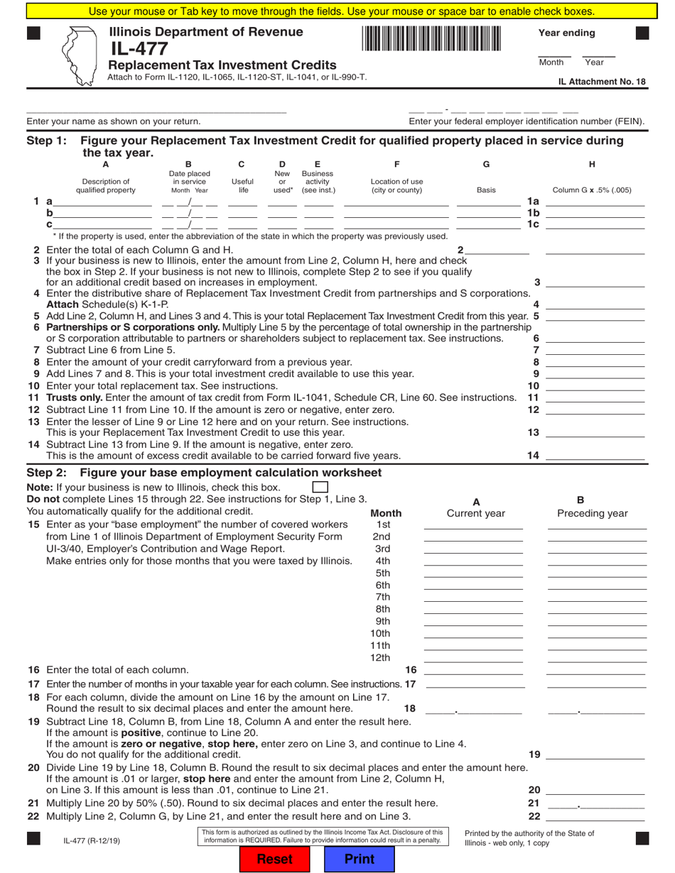Form IL-477 Replacement Tax Investment Credits - Illinois, Page 1