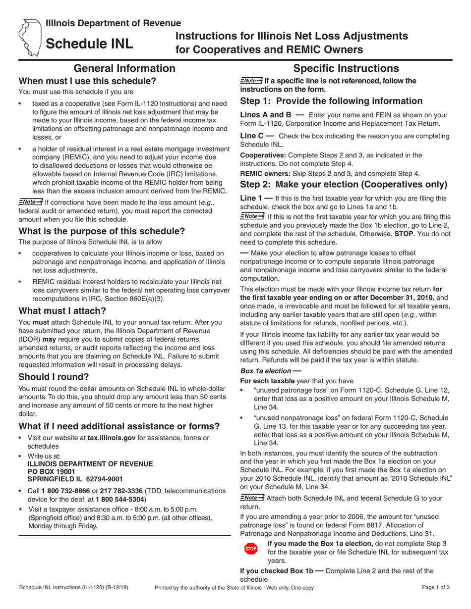 Instructions for Form IL-1120 Schedule INL Illlinois Net Loss Adjustments for Cooperatives and REMIC Owners - Illinois, Page 1